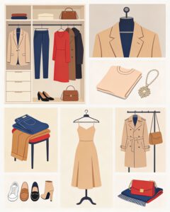 Minimalistische Illustration einer Damen Capsule Wardrobe mit Blazer, Trenchcoat, Kleid, Hose, Schuhen, Taschen und Accessoires in Beige, Blau und Rot für elegante Business- und Alltagslooks.